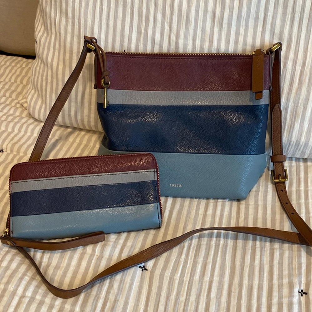 FOSSIL crossbody bag and matching clutch/wristlet/wallet, leather multi
